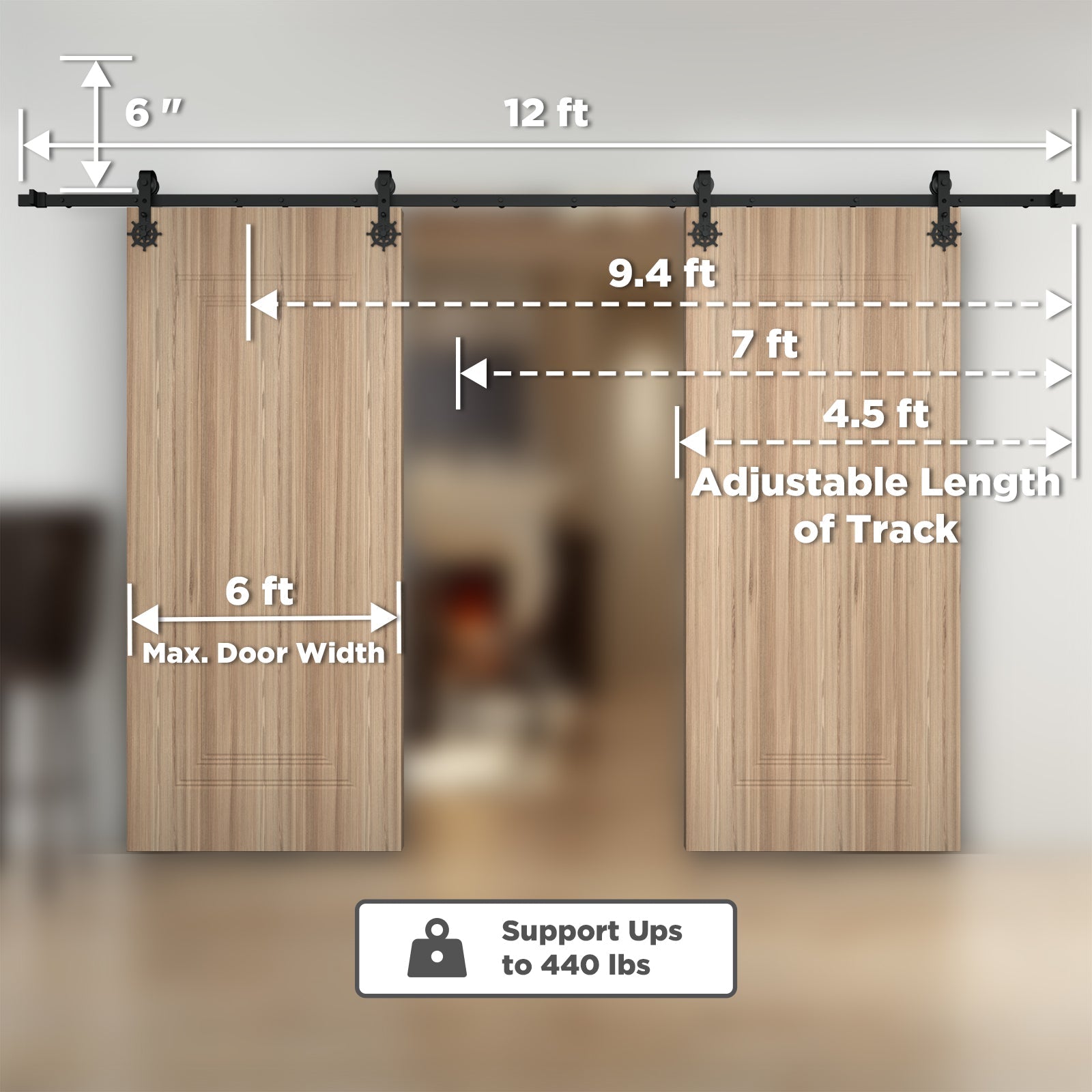 [Discontinued] Double Door Wood Sliding Barn Door Hardware Kit - Carbon Steel