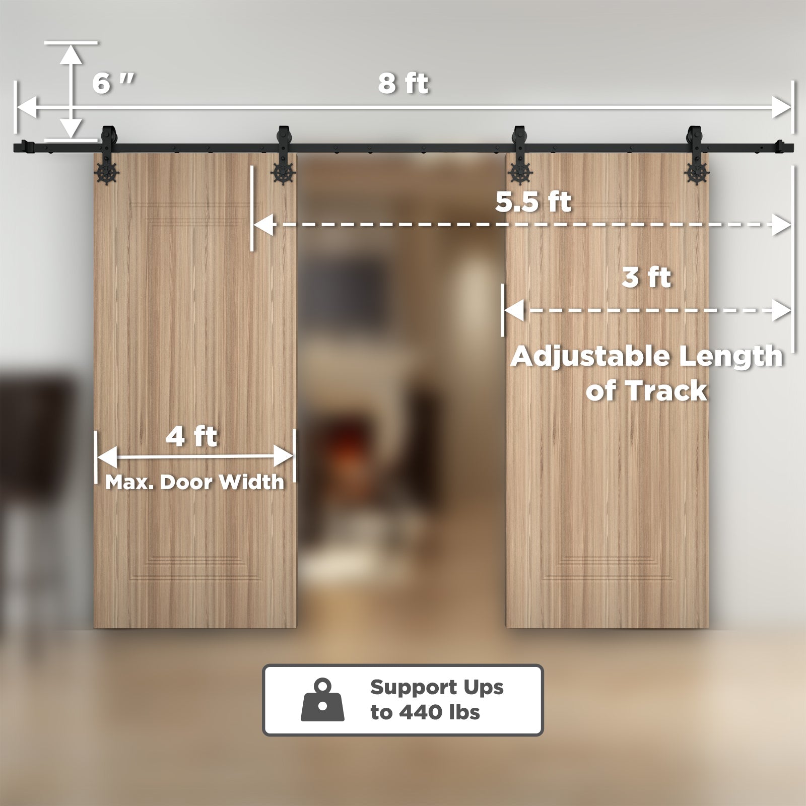 [Discontinued] Double Door Wood Sliding Barn Door Hardware Kit - Carbon Steel