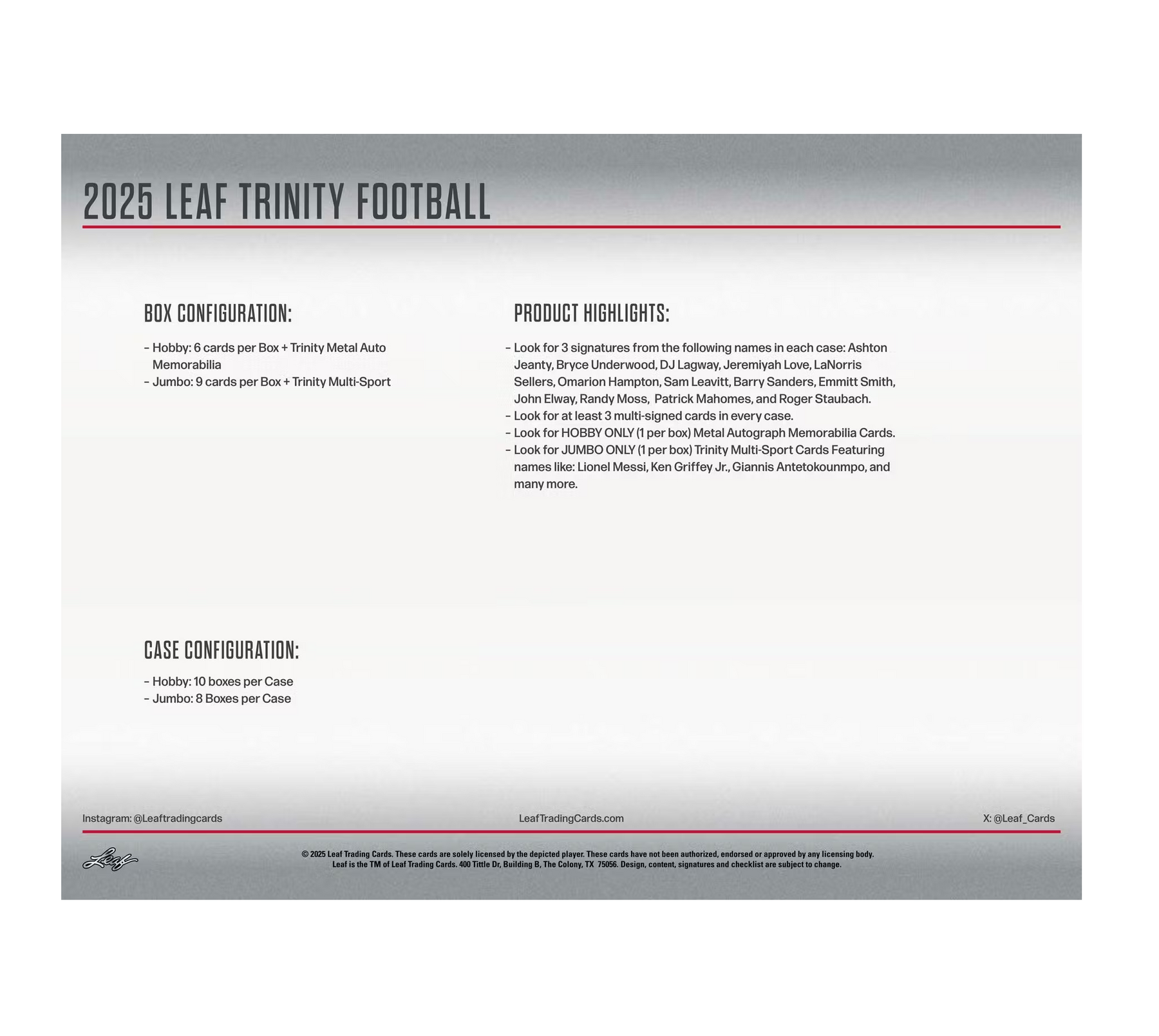 2025 Leaf Trinity Football Hobby Jumbo Box