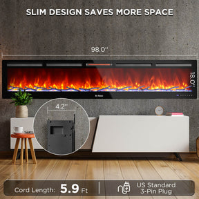 [Discontinued] In Flames INF98W-3D WiFi Smart Wall Mounted Electric Fireplace - Tempered Glass