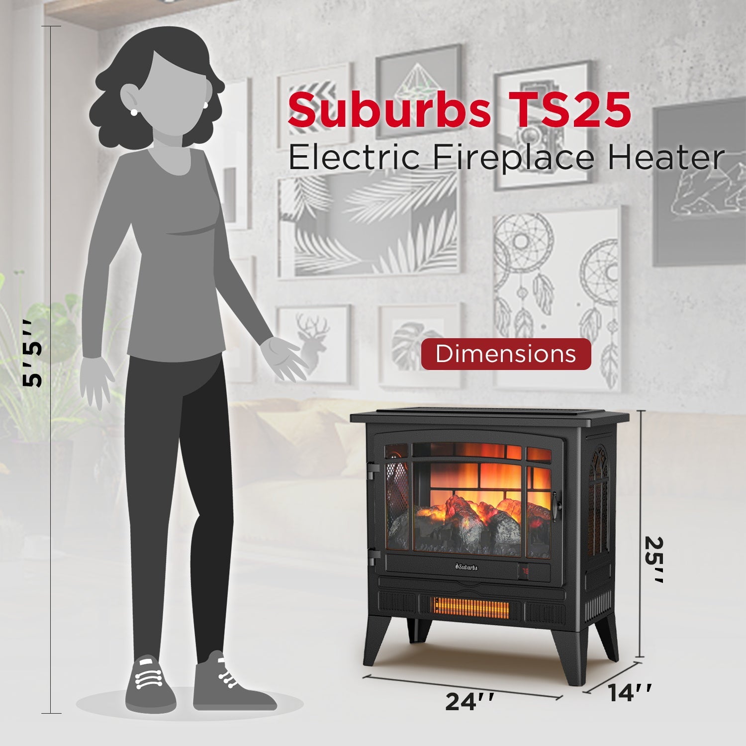 (Open Box) Suburbs TS25 Electric Fireplace Stove Heater