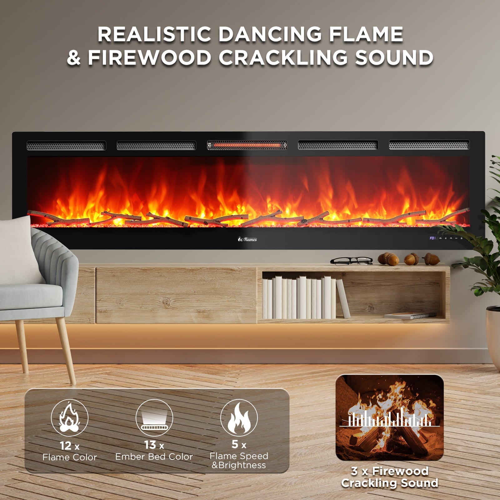 [Discontinued] In Flames INF88W-3D WiFi Smart Wall Mounted Electric Fireplace - Tempered Glass