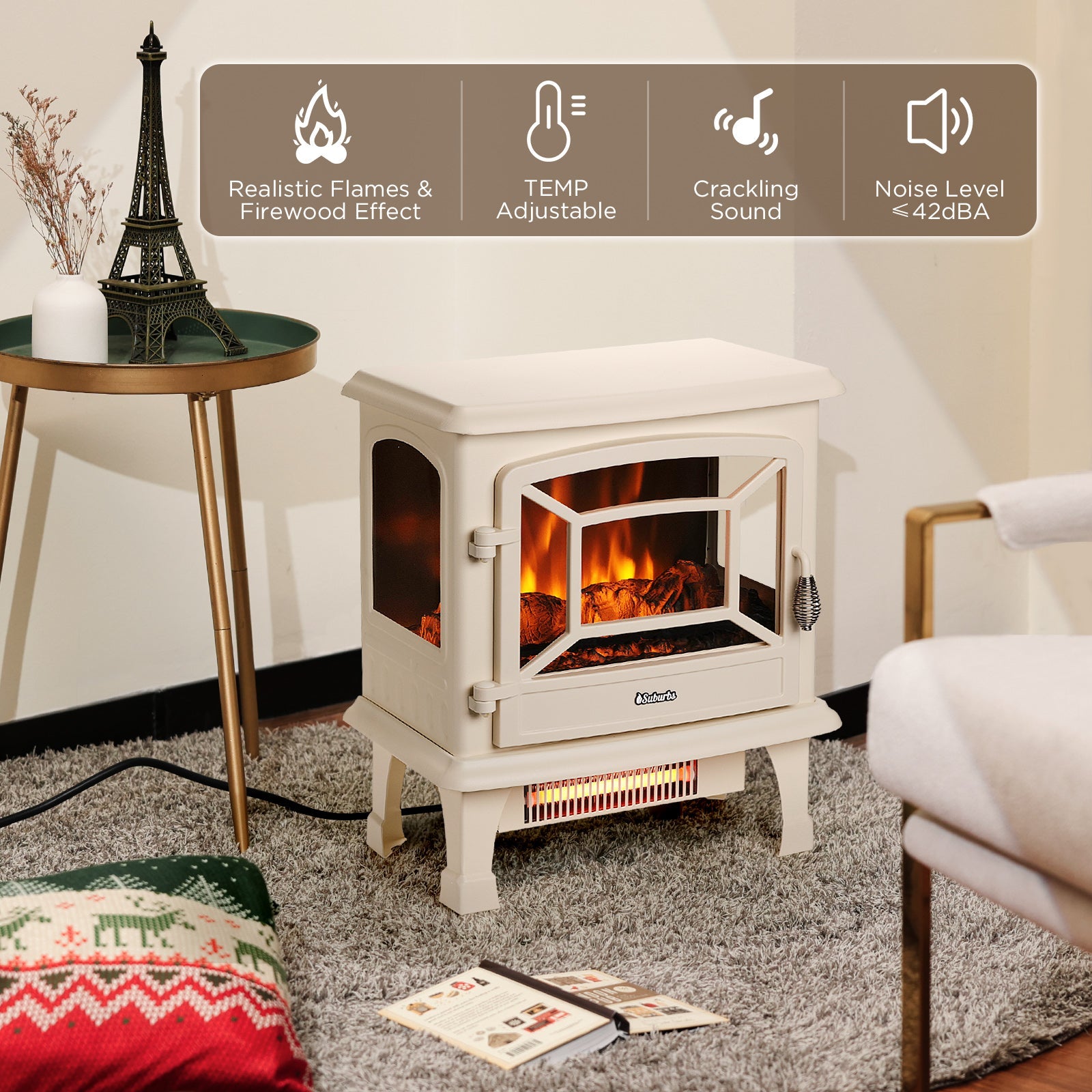 (Open Box) Suburbs TS20-SD Electric Fireplace Stove Heater with Sound