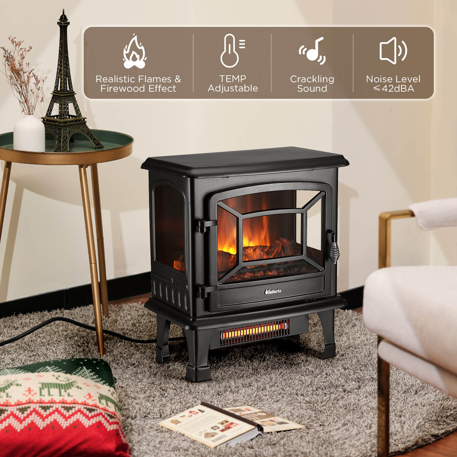 (Open Box) Suburbs TS20-SD Electric Fireplace Stove Heater with Sound