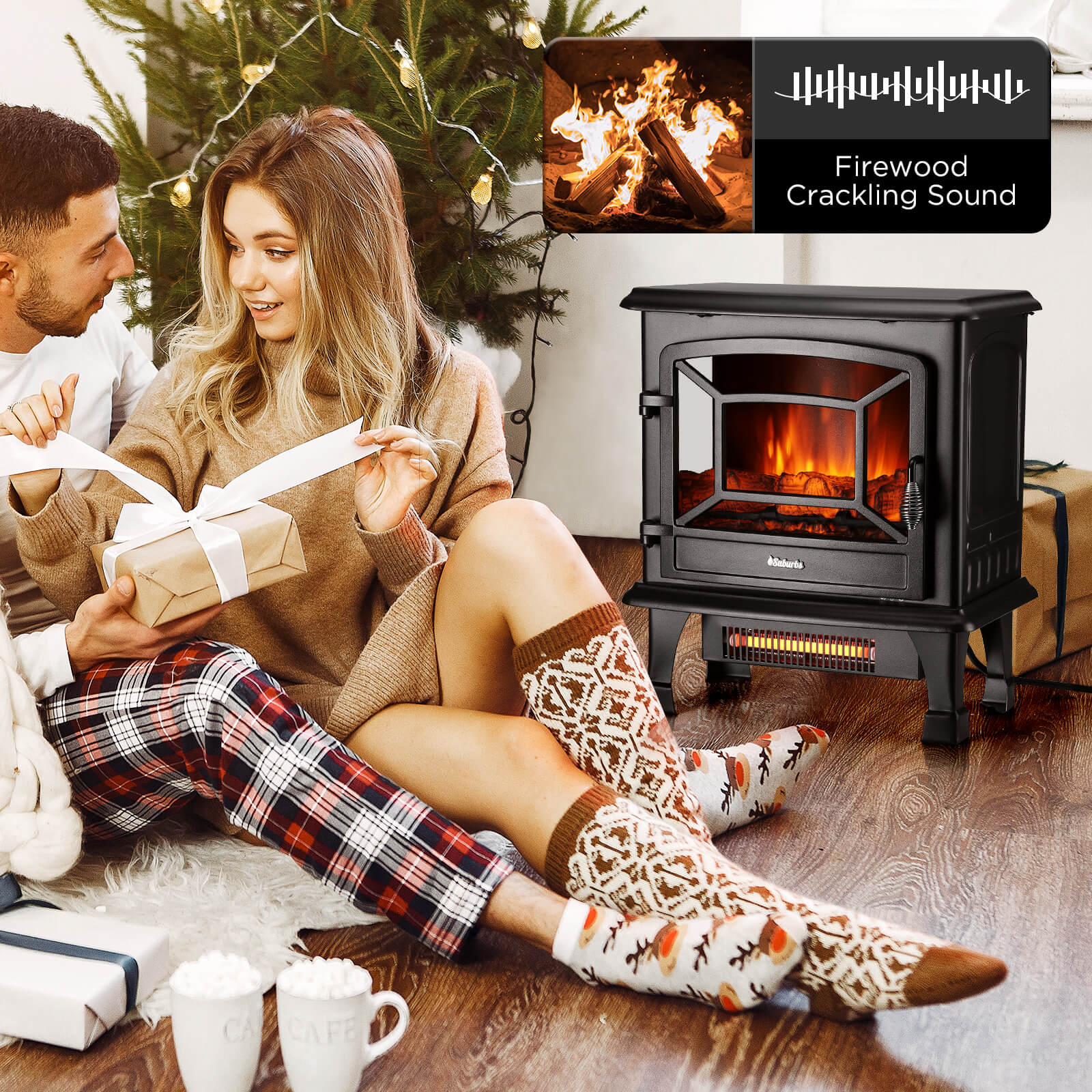 (Open Box) Suburbs TS20-SD Electric Fireplace Stove Heater with Sound