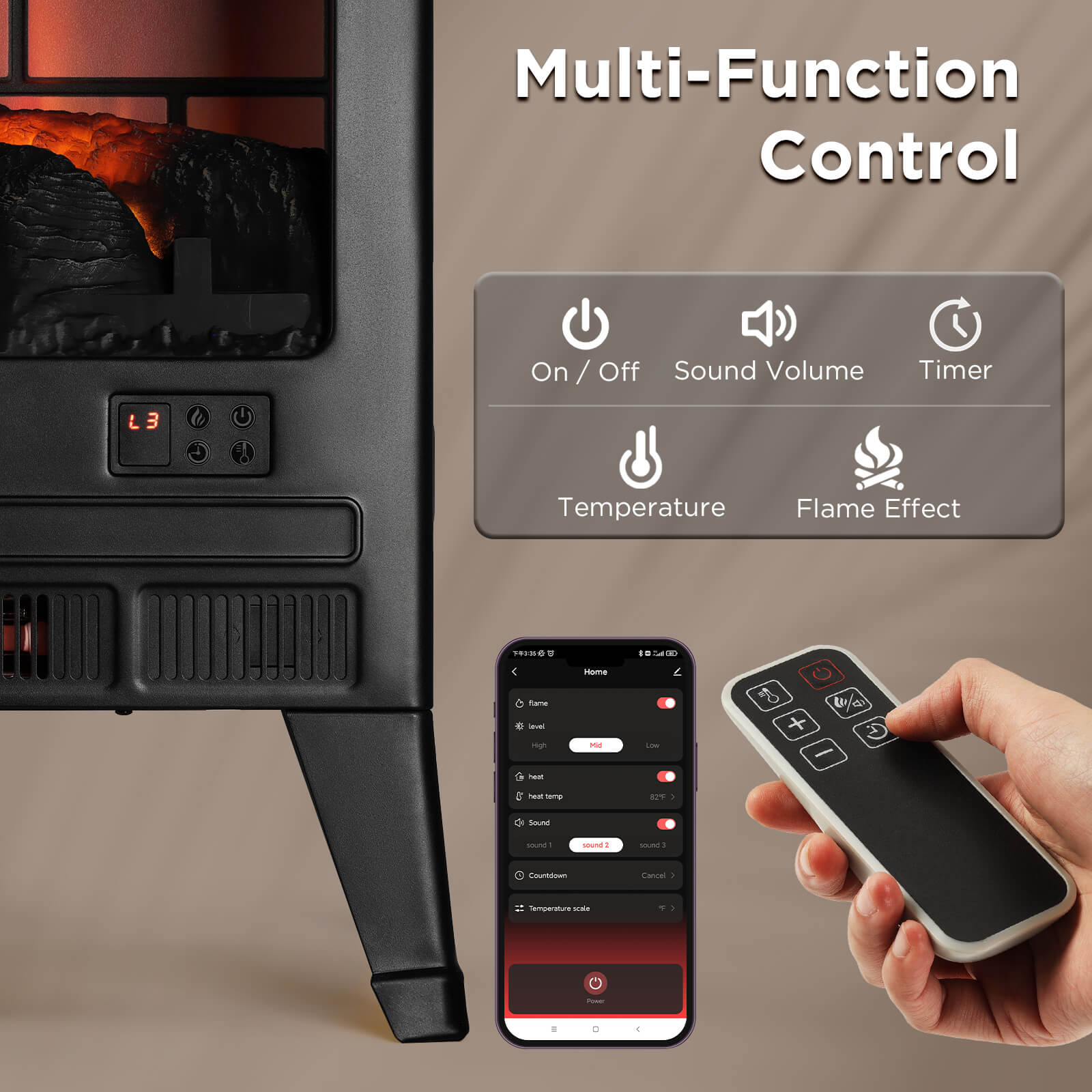 (Open Box) Suburbs TS25 Smart Electric Fireplace Stove Heater, WiFi Enabled