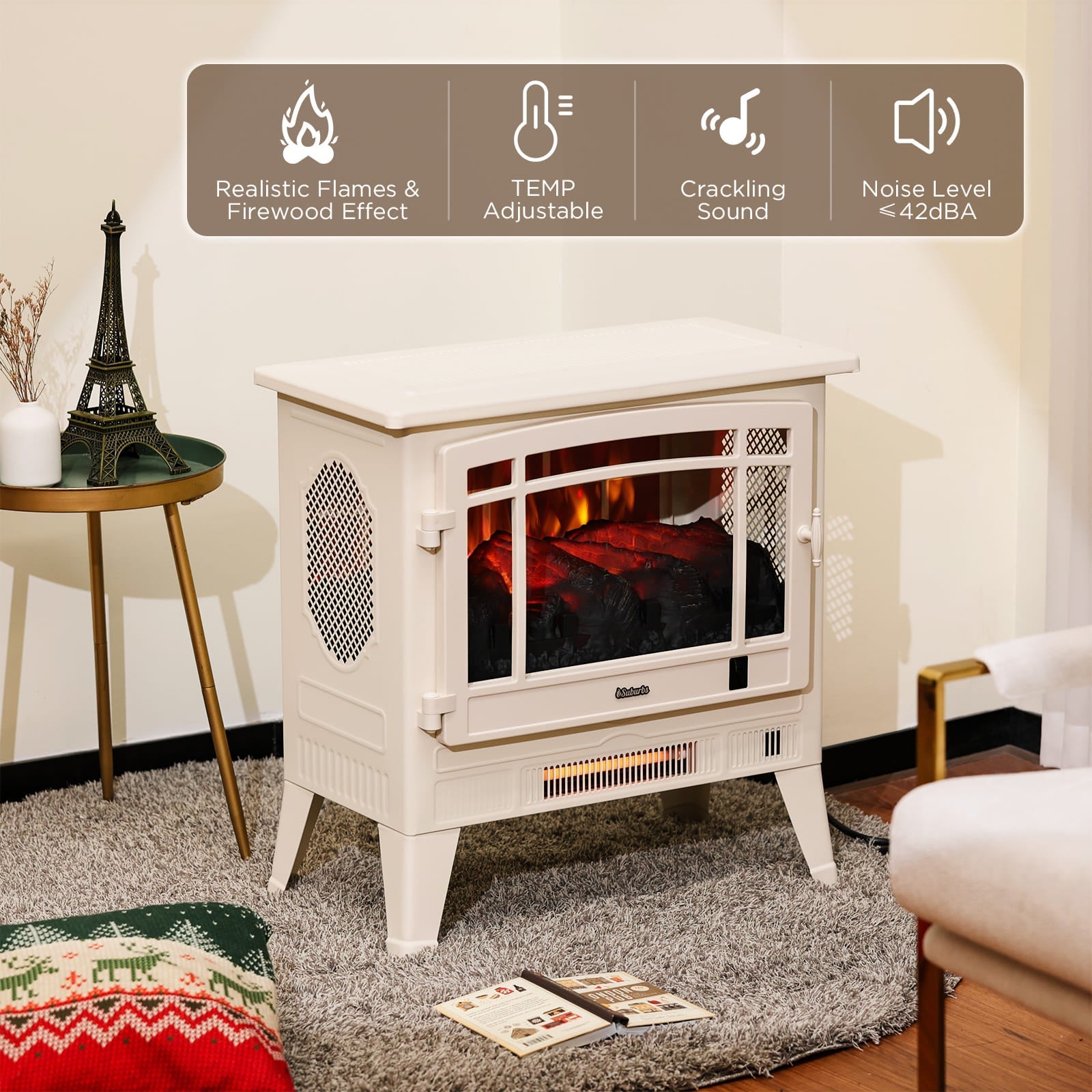 (Open Box) Suburbs TS25 Smart Electric Fireplace Stove Heater, WiFi Enabled