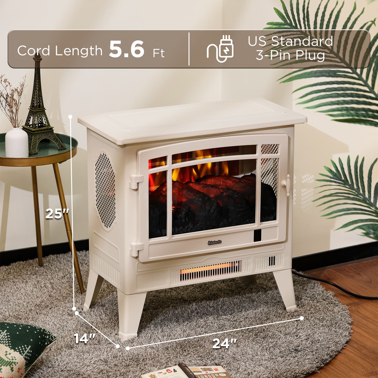 (Open Box) Suburbs TS25 Smart Electric Fireplace Stove Heater, WiFi Enabled